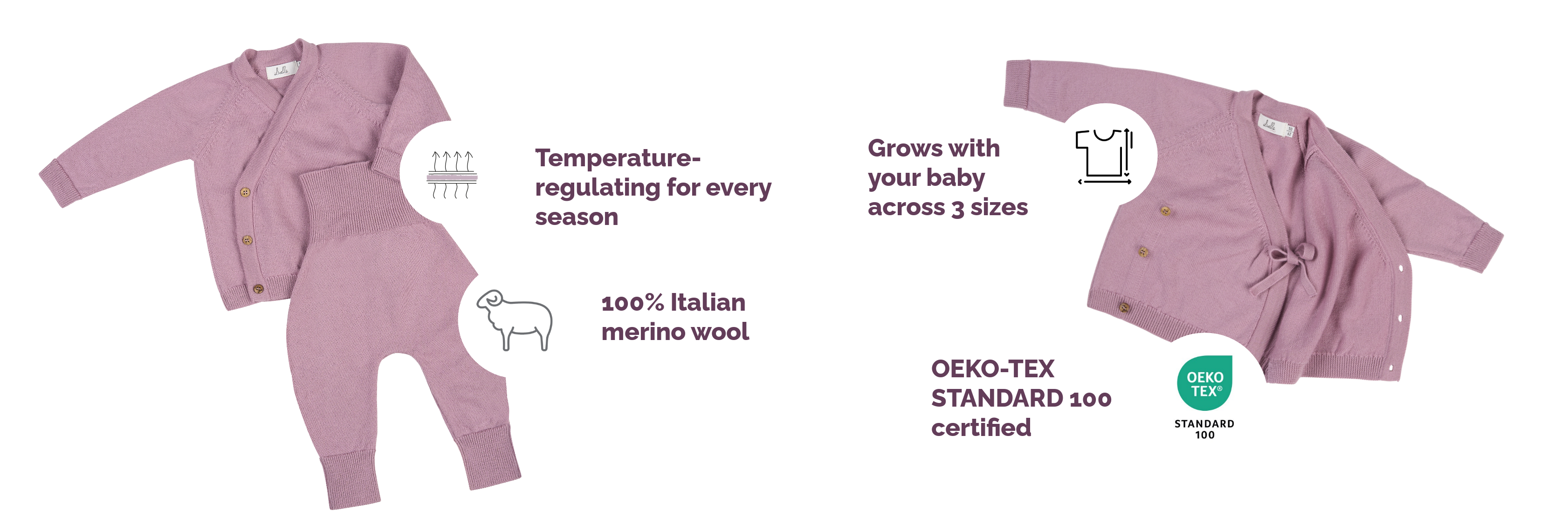 Two pink baby merino knit outfits (wrap cardigan and pants) with feature callouts: temperature-regulating for every season, grows across 3 sizes, 100% Italian merino wool, and OEKO-TEX Standard 100 certification.