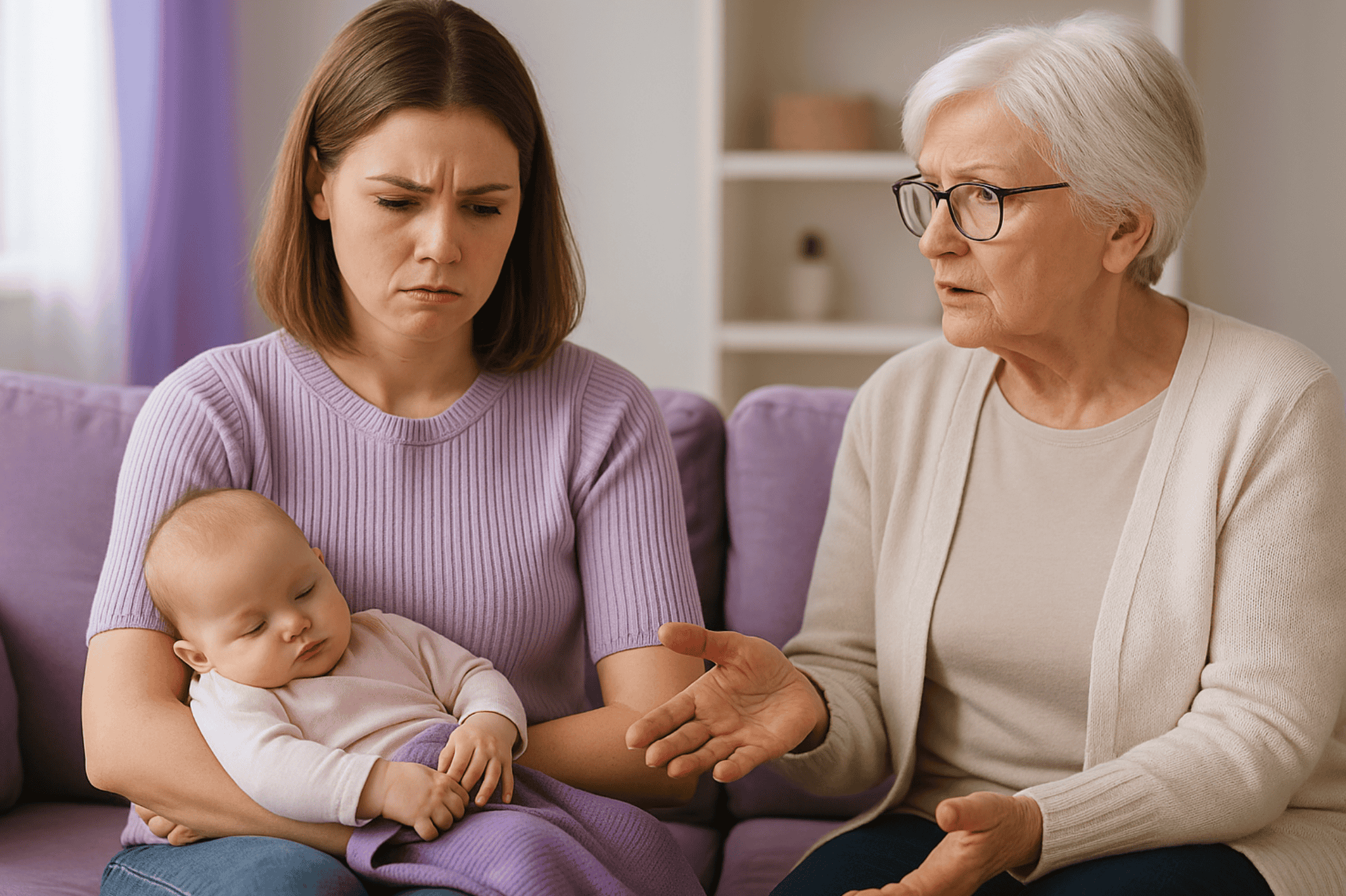 Mutter redet auf ihre tochter ein, die ein Baby im arm hält.