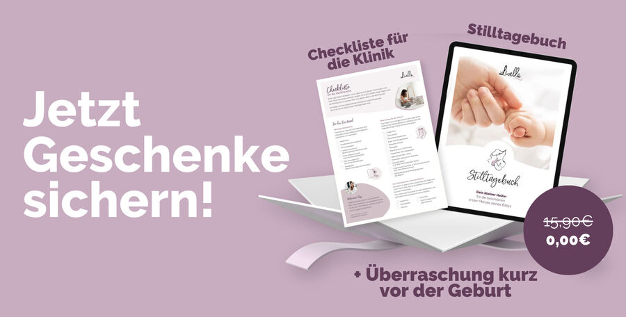 Banner für Geschenke nach der Anmeldung. Jetzt Geschenke sichern! Klinik-Checklist, Stilltagebuch und ein tolles Geschenk kurz vor der Geburt.