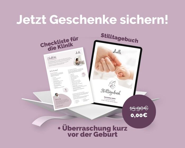 Banner für Geschenke nach der Anmeldung. Jetzt Geschenke sichern! Klinik-Checklist, Stilltagebuch und ein tolles Geschenk kurz vor der Geburt.